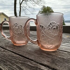 Vintage 2 Arcoroc France Pink Peach  Depression Glass Rosaline Rose Coffee Mug